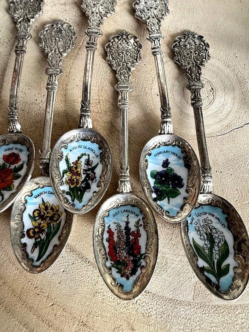 Vintage Sterling Silver Enamel Flower of Month Spoons Set - 6 45Albert H Oechsle
